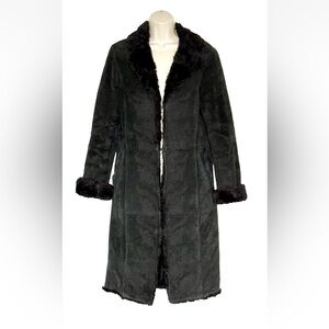 Express Y2K Black Embroidered Suede Leather Faux Shearling Coat Sz M Penny Lane